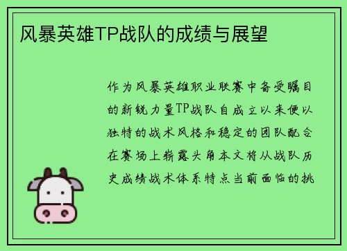 风暴英雄TP战队的成绩与展望